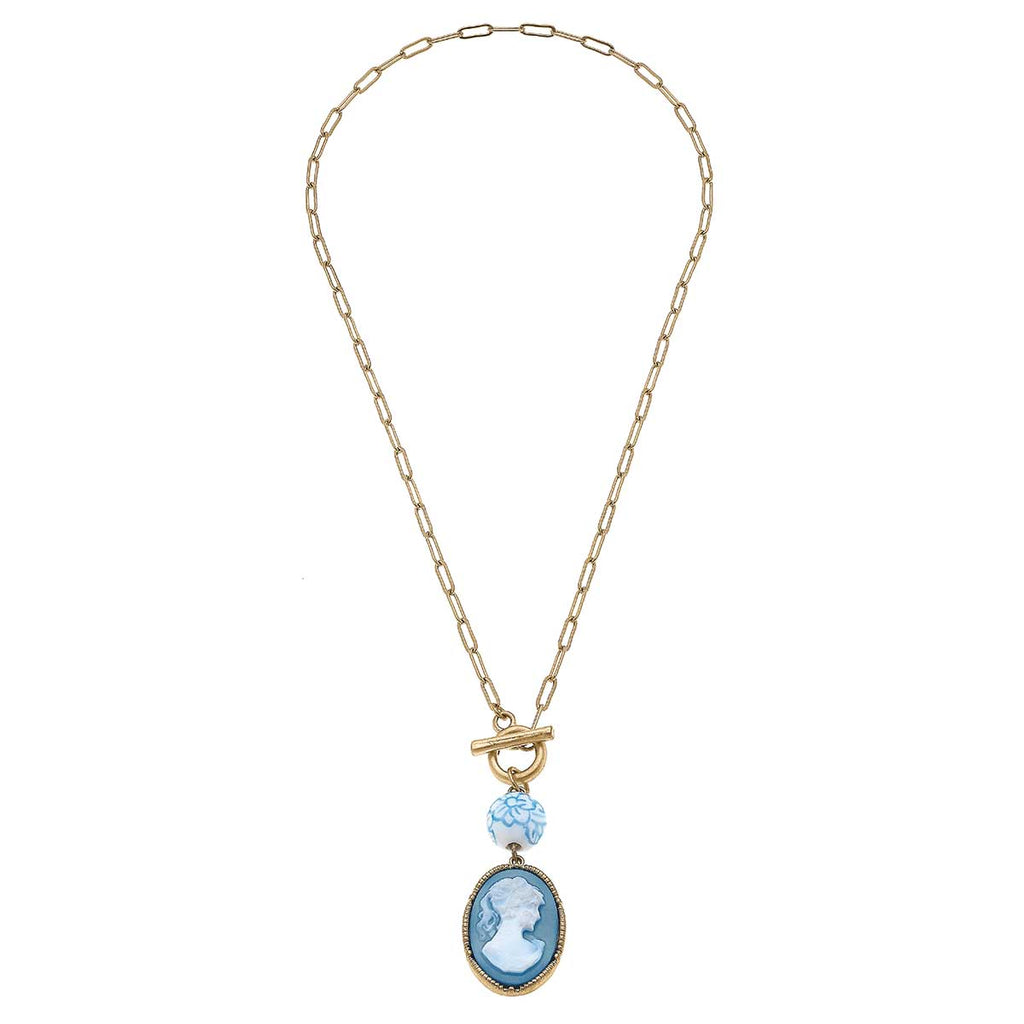 Vesper Cameo Pendant T-Bar Necklace in Wedgwood Blue