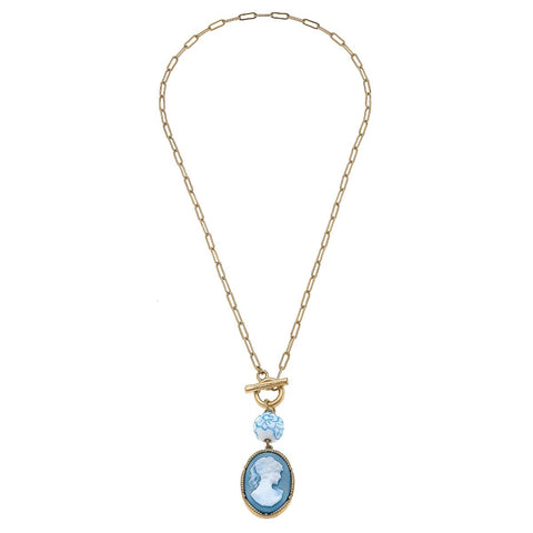 Vesper Cameo Pendant T-Bar Necklace in Wedgwood Blue