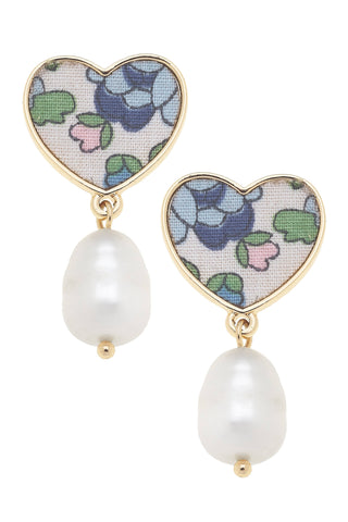Victoria Vintage Floral Pearl Heart Earrings: Blue